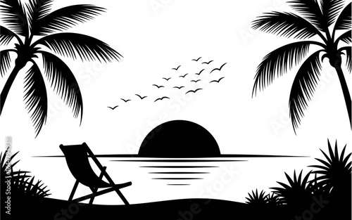 Tropical beach sunset illustration with palm trees birds flying and deck chair silhouette artistic summer vacation dream getaway background graphic design