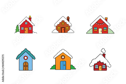 Cute Snow Covered Christmas Houses set with Festive Decorations Vector Illustration