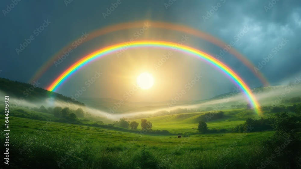 Naklejka premium Rainbow over a misty valley