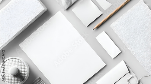 White Branding Mockup: A Flat Lay of Elegant Stationery Design Templates on a Gray Background.  The scene includes blank paper, cards, envelopes, a