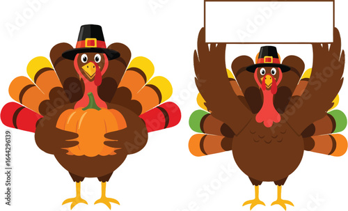 Vector art of two cartoon turkeys one holding a pumpkin the other holding a blank sign isolated on white background