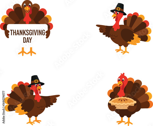 Vector art of four cartoon turkeys celebrating thanksgiving day with pie isolated on white background
