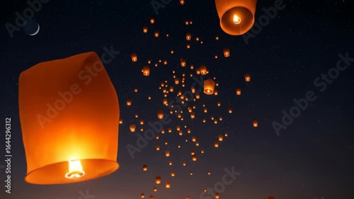 Sky Lanterns Ascend to Starry Night Sky with Crescent Moon, Celebration and Festival