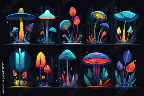 Colorful Fantasy Forest with Vibrant Mushrooms and Plants