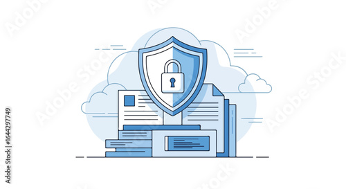Protecting important data with cloud security, featuring shield icon on a stack of documents. Shield represents cloud security ensuring privacy and preventing cyberattacks,