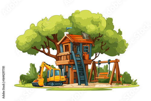 Colorful Treehouse with Swing and Digger on Playful Background
