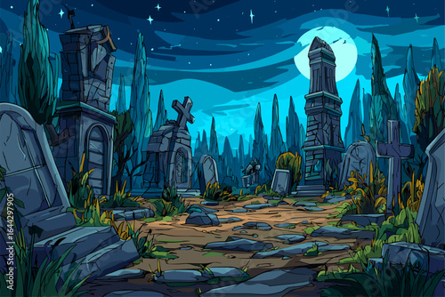 Haunting Graveyard Scene Under a Full Moon: Spooky Night Landscape