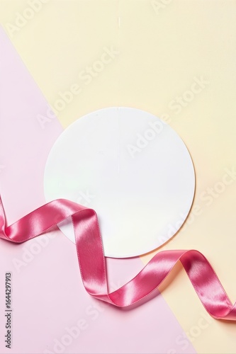 Women's Day concept. Top view photo of white circle and silk ribbon on isolated pastel background with copyspace