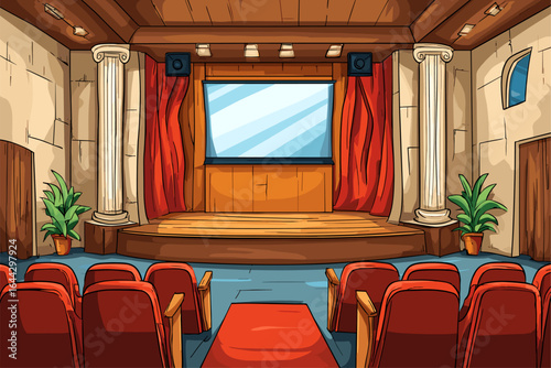 Illustration of a Stage with Red Curtains and Seating in a Theatre