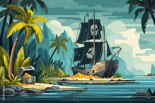 Pirate Ship with Treasure Chest on Tropical Island Illustration