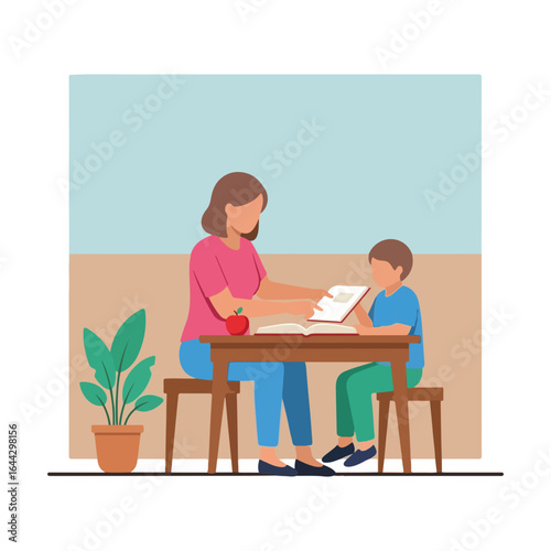 Kids writing at table, mother teaches child, home education scene. Kids writing lesson on homeschooling, tutoring child's education, learning activity. Illustration kids writing at desk for blog post,