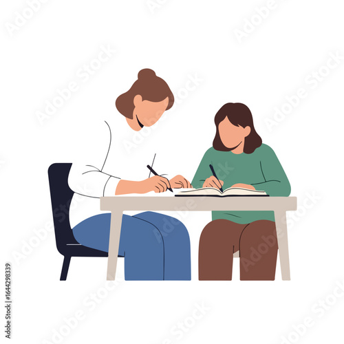 Kids writing at desk, with adult supervision for assistance. Helping kids writing involves sharing knowledge and providing guidance, learning from example.