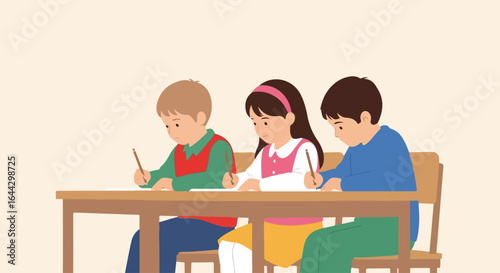 Kids writing exam at school, little pupils doing schoolwork together on desk. Group of kids writing on paper during examination repeats kids writing in classroom.