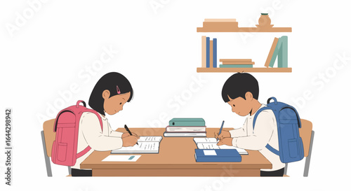 Kids writing assignments at desk in room with books on shelf, kids writing, concentrating on schoolwork. This kids writing scene emphasizes focus and determination.