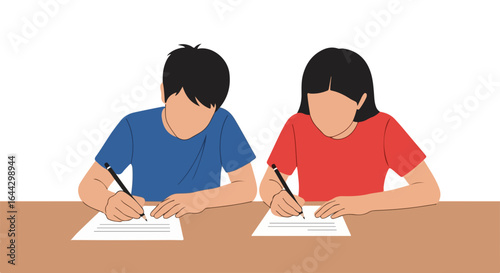 Kids writing on paper at desk, focused on tasks with pencils. Kids writing assignment includes schoolwork on table.