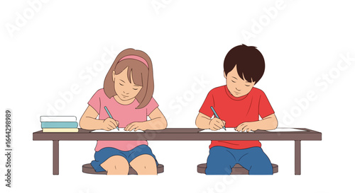 Kids writing at desk, focused on completing their assignments in school. These kids writing show concentration and determination. This kids writing image works for educational content,