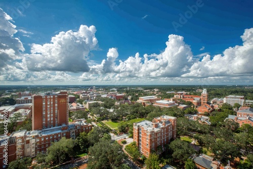 University of Florida Aerial Drone Shot, Gainesville Campus, Red Brick Buildings, Long Exposure Photography, Sunny Day, Puffy Clouds.