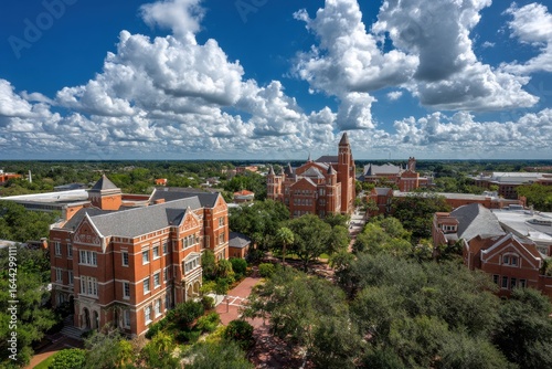 University of Florida Aerial Drone Shot, Gainesville Campus, Red Brick Buildings, Long Exposure Photography, Sunny Day, Puffy Clouds.