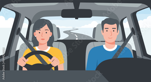 Family trip illustration with man and woman in car driving on road. Family trip adventures symbolize relaxation and bonding, perfect for illustrating travel, vacation, or family trip planning.