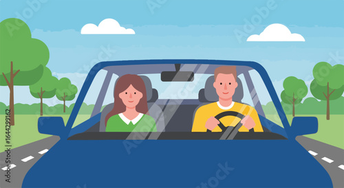 Family trip with cheerful couple driving blue car on highway, family trip, adventure begins. Road trip shows happy couple traveling together, enjoying scenery and open road.