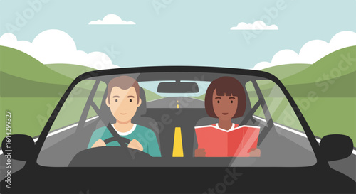 Family trip with couple driving car on scenic route, enjoying picturesque landscape. Family trip allows bonding and creating lasting memories along winding road.