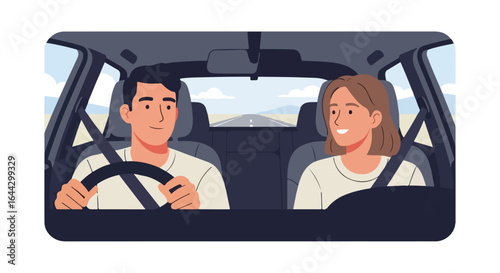 Couple enjoying family trip inside car during daytime. Family trip together showcases joyful travel and a shared adventure, with smiling couple driving, and emphasizing vacation's delight.