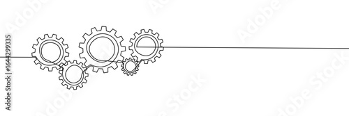 Gear continuous one line art icon cog work business factory. Continuous one line gear wheel team setting vector outline computer cogwheel technology sketch drawing science stroke machine brain idea.
