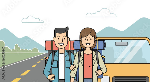 Family trip illustration shows smiling couple standing together near car with mountains in background.