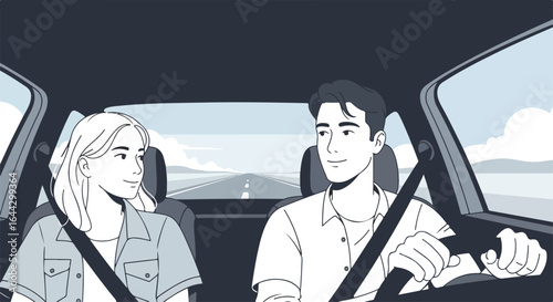 Family trip with happy couple on road, enjoying scenic view together during journey. Family trip showcases traveling pair seated in car, wearing seatbelts for safety and comfort.