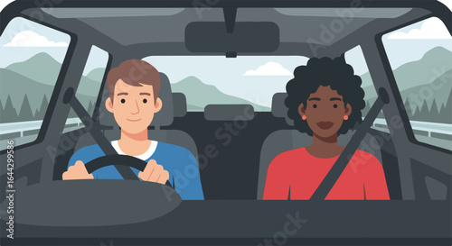 Family trip with man and woman driving car, wearing seatbelts. Family trip includes driving along highway with mountains view, providing comfort and safety. Plan family trip for travel, leisure,