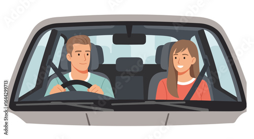 Family trip illustration depicting man driving with woman in car, enjoying road trip. Family trip includes driver with safety belt and smiling passenger on road.