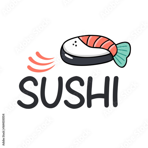 SUSHI text with salmon roll icon black font .Japanese food restaurant delivery