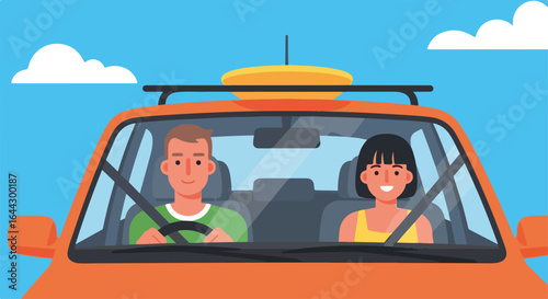 Happy family trip in orange car. Family enjoys road trip adventure. Couple on summer vacation drives car. Perfect family trip image for travel blogs and tourism websites.