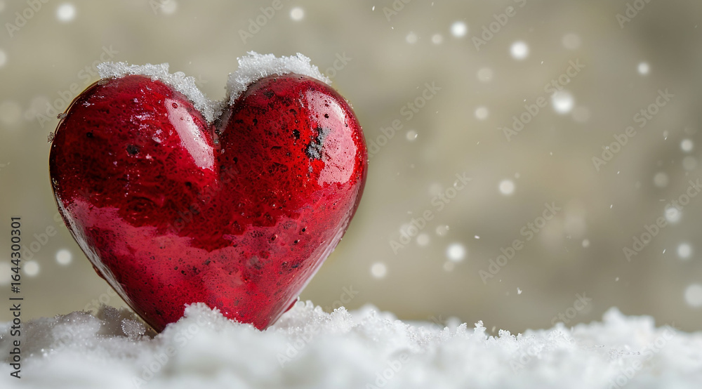 Fototapeta premium A red heart shaped object lies in the snow, providing a pop of color against the winter backdrop 