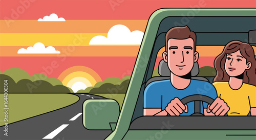 Family trip in car at sunset. Couple enjoying scenic road trip. Family vacation adventure. Planning family road trip for summer holiday.  Family trip concept for travel blogs and social media.