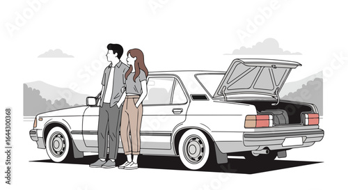 Family trip planning with classic car and happy couple. Family road trip preparation involves packing for adventure in vintage automobile.  Dream family trip concept for travel blogs and brochures.