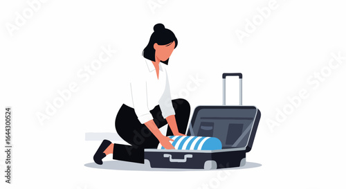 Suitcase packing preparation for trip. Woman packing clothes into suitcase for vacation.  Packing suitcase for summer travel and adventure.  Suitcase packing concept for travel blogs and websites.