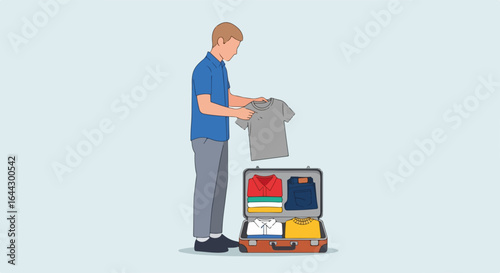 Suitcase packing preparation for vacation trip. Man carefully packs clothes into suitcase. Packing includes shirts, t-shirts and polo shirts.  Suitcase packing is essential for smooth travel.