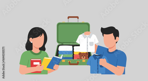 Couple packing suitcase for summer vacation.  Preparation includes clothing, books, and teddy bear.  Packing suitcase for travel is exciting.