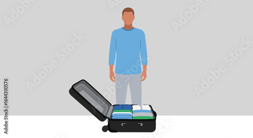 Suitcase packing guide for efficient travel. Packing suitcase with folded clothes neatly arranged inside.  Smart suitcase packing strategy for maximizing space and minimizing wrinkles.