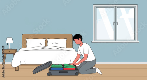 Packing suitcase for trip preparation in bedroom. Person kneeling packs clothes into suitcase. Luggage packing concept image for travel blogs and websites.