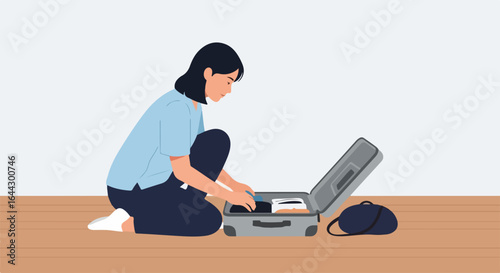 Woman packing suitcase for trip. Packing suitcase includes neatly folded clothes and travel accessories. Preparing for vacation using stylish suitcase.