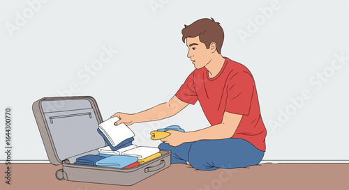 Suitcase packing scene with man carefully folding clothes and placing them in baggage. Suitcase packing requires preparation and attention to detail to ensure everything fits properly,