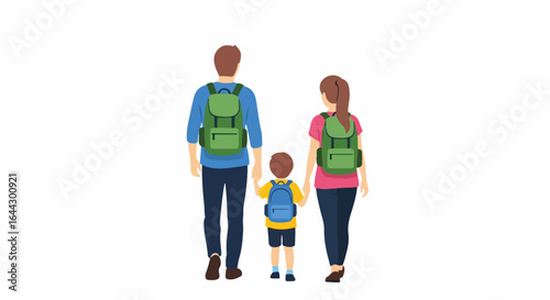 Family vacation concept shows family with backpacks on white background. This family vacation is starting, with father, mother, and child ready for adventure. Consider family vacation for traveling,
