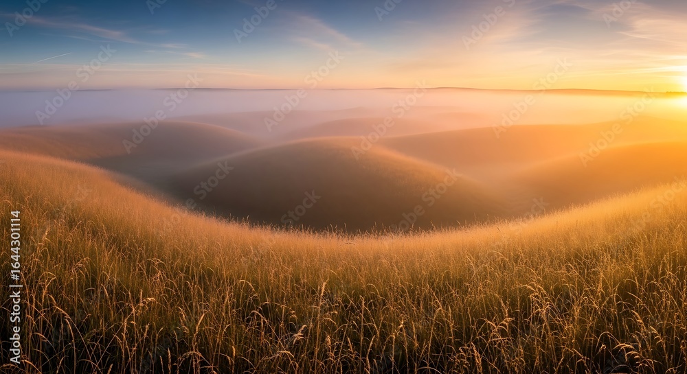 Obraz premium Golden Sunrise over Rolling Hills and Misty Meadows