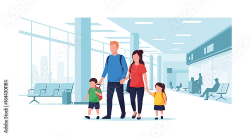 Family travel at airport with parents and two kids, carrying backpacks, walking through terminal. Family travel experience captured in stylized setting, ready for vacation with luggage.