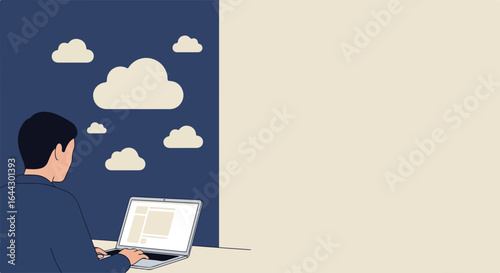 Business professional working from home using laptop with cloud computing concept for office work. Employee is working remotely with cloud network for business solutions.