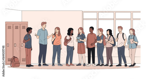 School hallway scene with diverse group of students and teacher. Students are standing in line near lockers, listening attentively to teacher explaining something.
