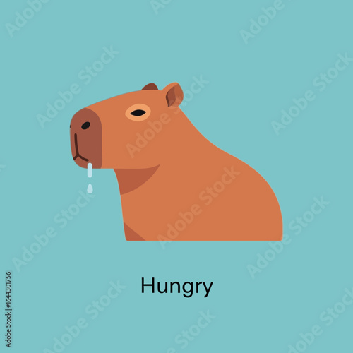 Capybara drooling with the word hungry below.