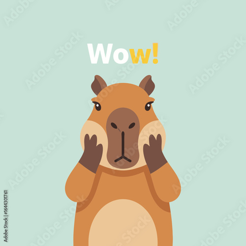 Cartoon capybara with hands on cheeks saying wow.
